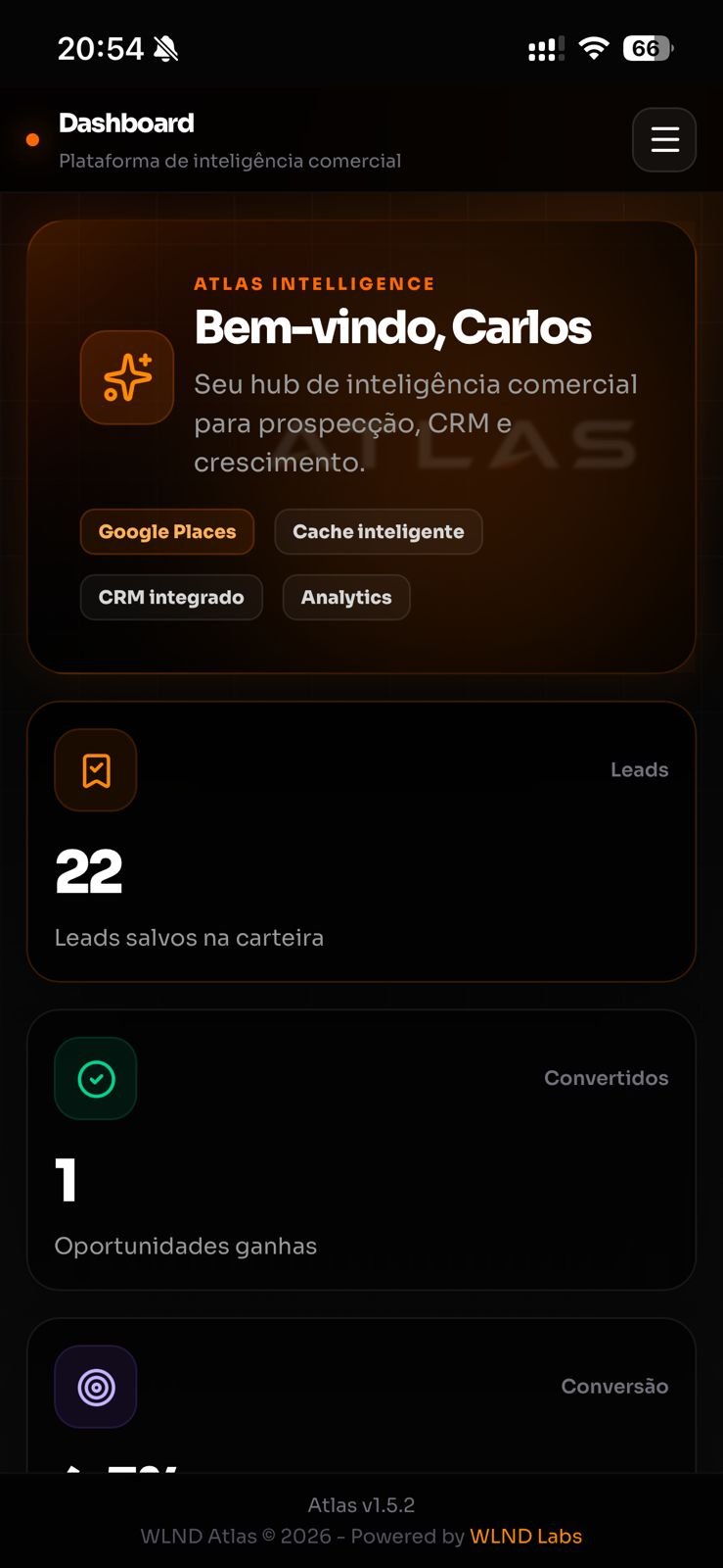 Dashboard do Atlas no celular